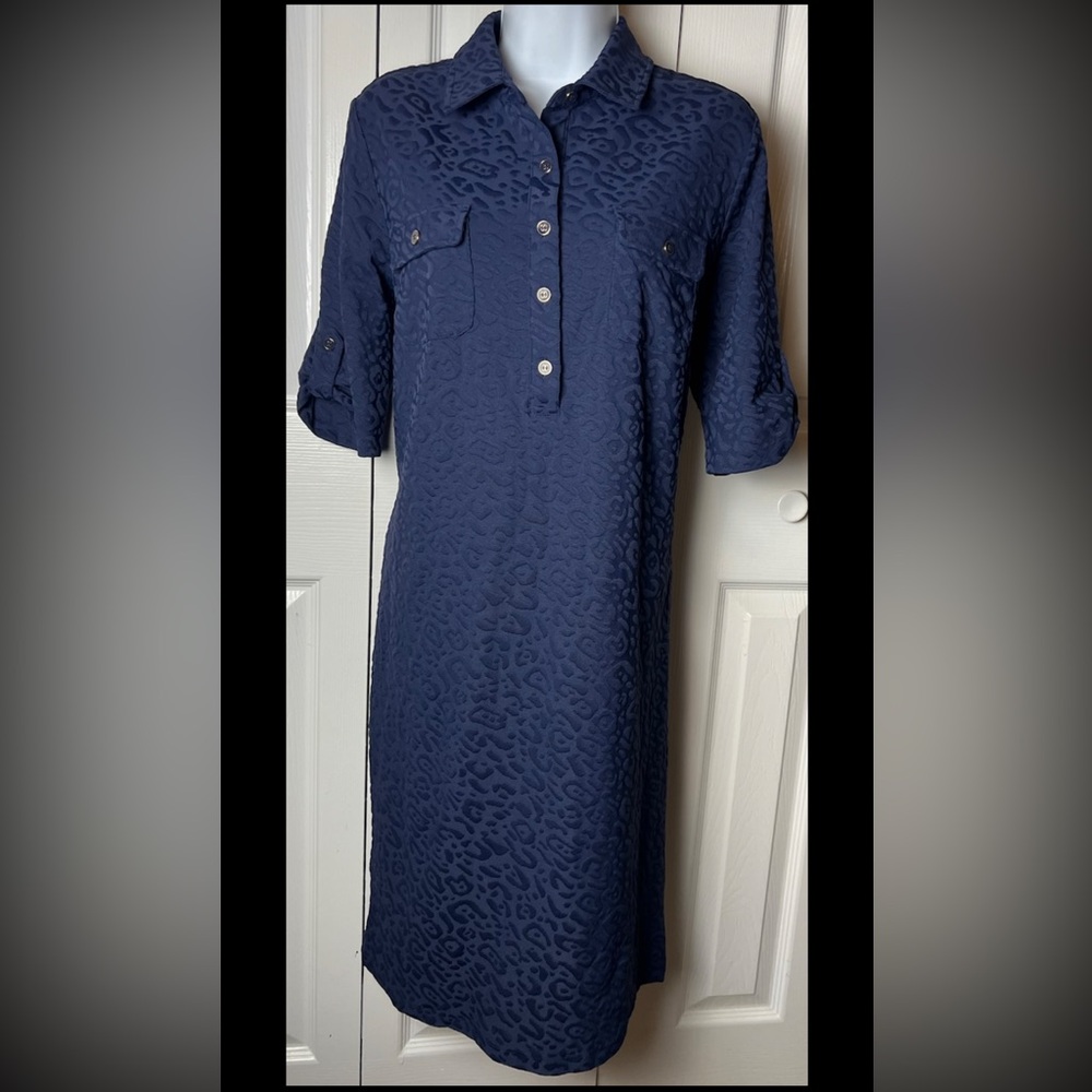 J MCLAUGHLIN Yolanda Dress Navy Blue Textured Jacquard Shift Knee Length - Picture 2 of 9